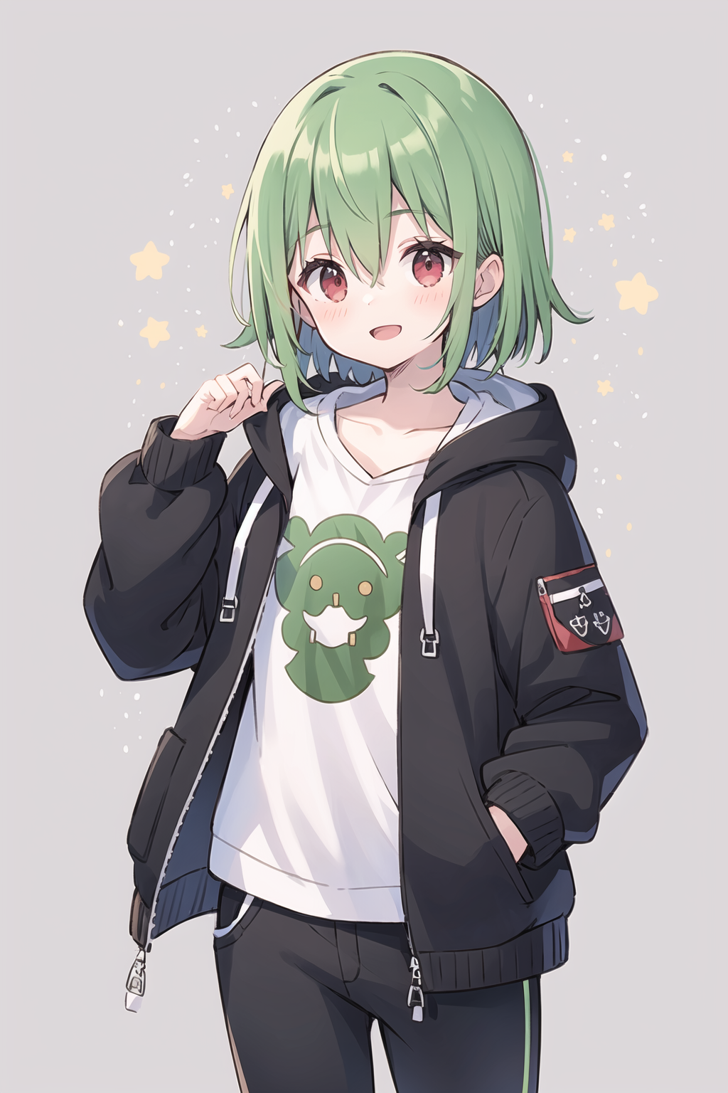 00613-2295147072-1girl, solo, green hair, red eyes, short hair, shirt, open mouth, smile, white shirt, hood, jacket, looking at viewer, kazami yu.png